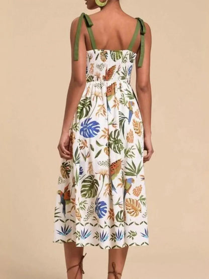 Women's Tropical Print Sweetheart Tie Strap Midi Dress