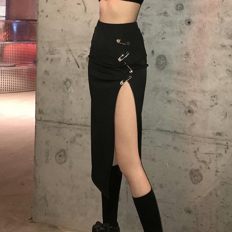 High Waist Sexy Split Skirt with Fan Pin Decor