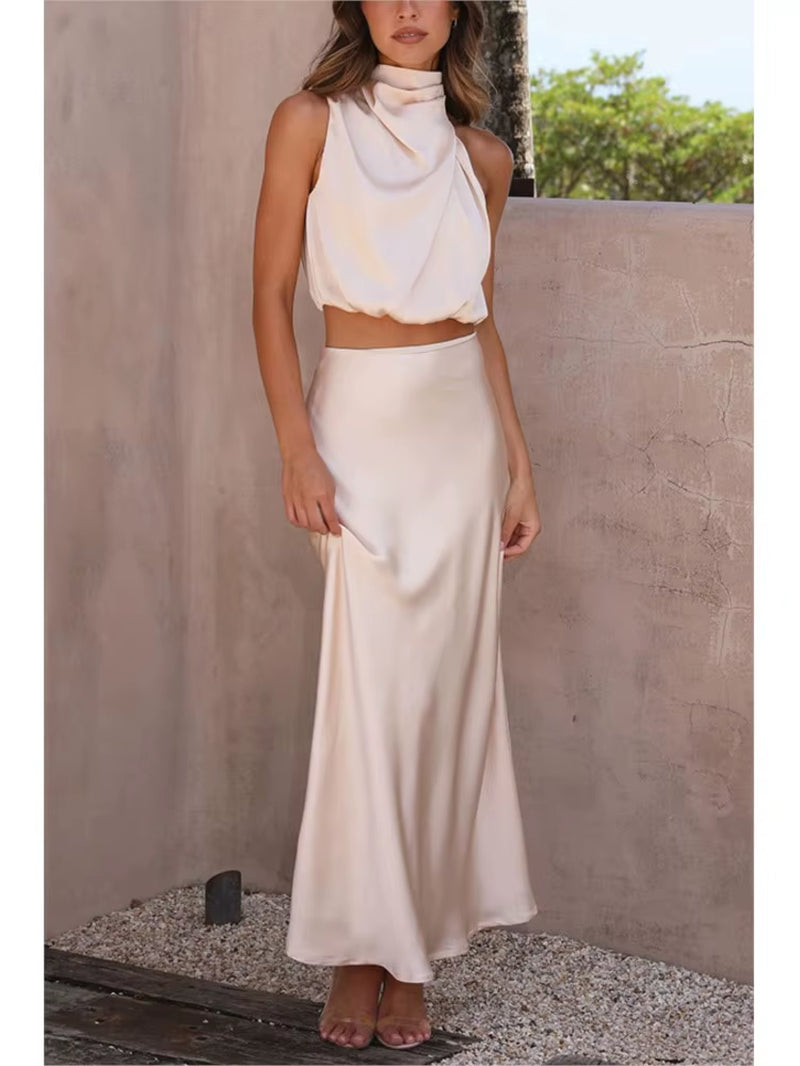 Women Two Piece Sleeveless Top Satin Long Skirt Matching Set