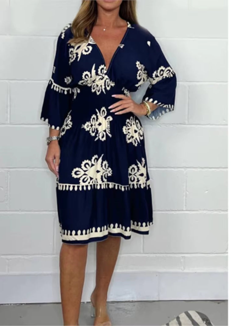 Women Elegant V Neck Printed Waist Tuck Three Quarter Dress