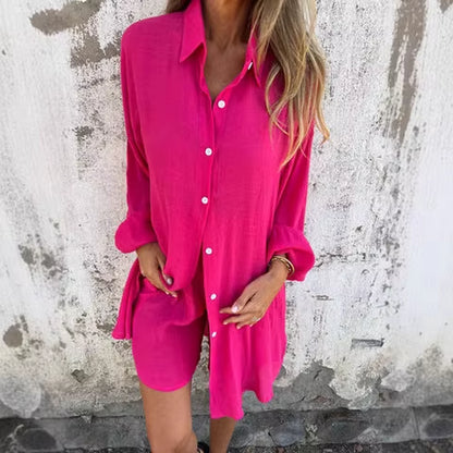 Women Cotton Linen Two Piece Short Sleeve Shirt Shorts Set