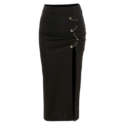 High Waist Sexy Split Skirt with Fan Pin Decor
