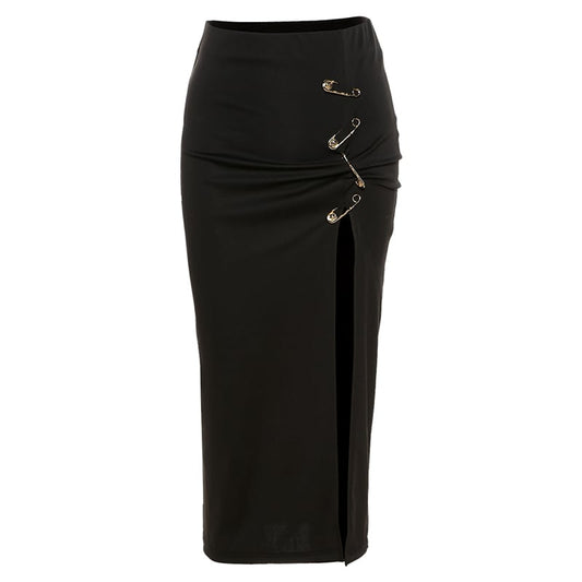 High Waist Sexy Split Skirt with Fan Pin Decor