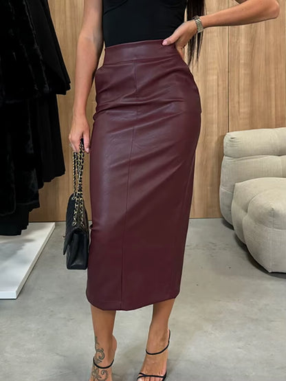 Women Leather Patchwork High Waist A Line Maxi Skirt