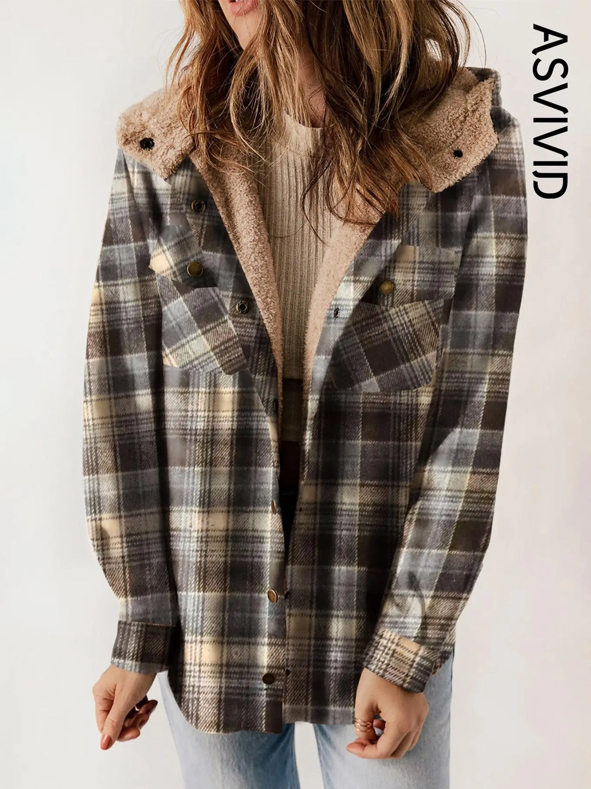 Women Plaid Hooded Casual Outerwear Long Sleeve Jacket Coat