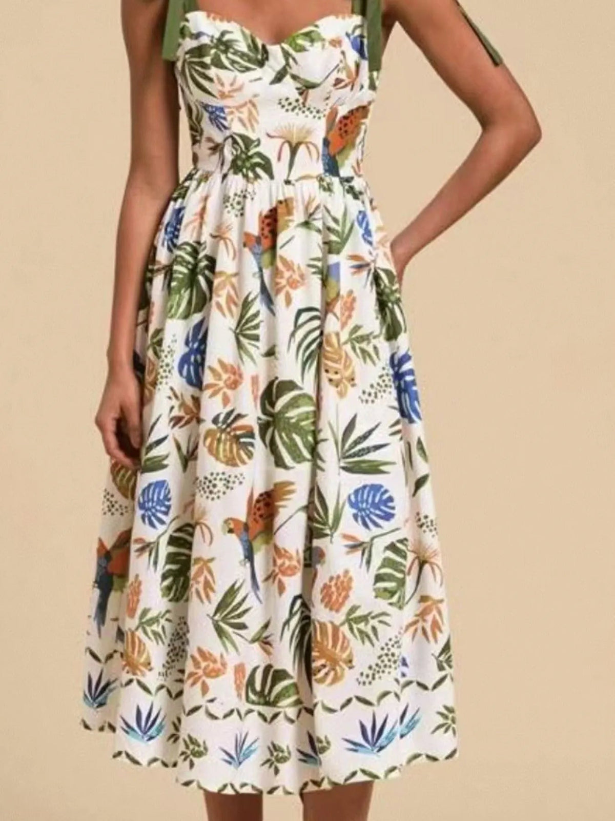 Women's Tropical Print Sweetheart Tie Strap Midi Dress
