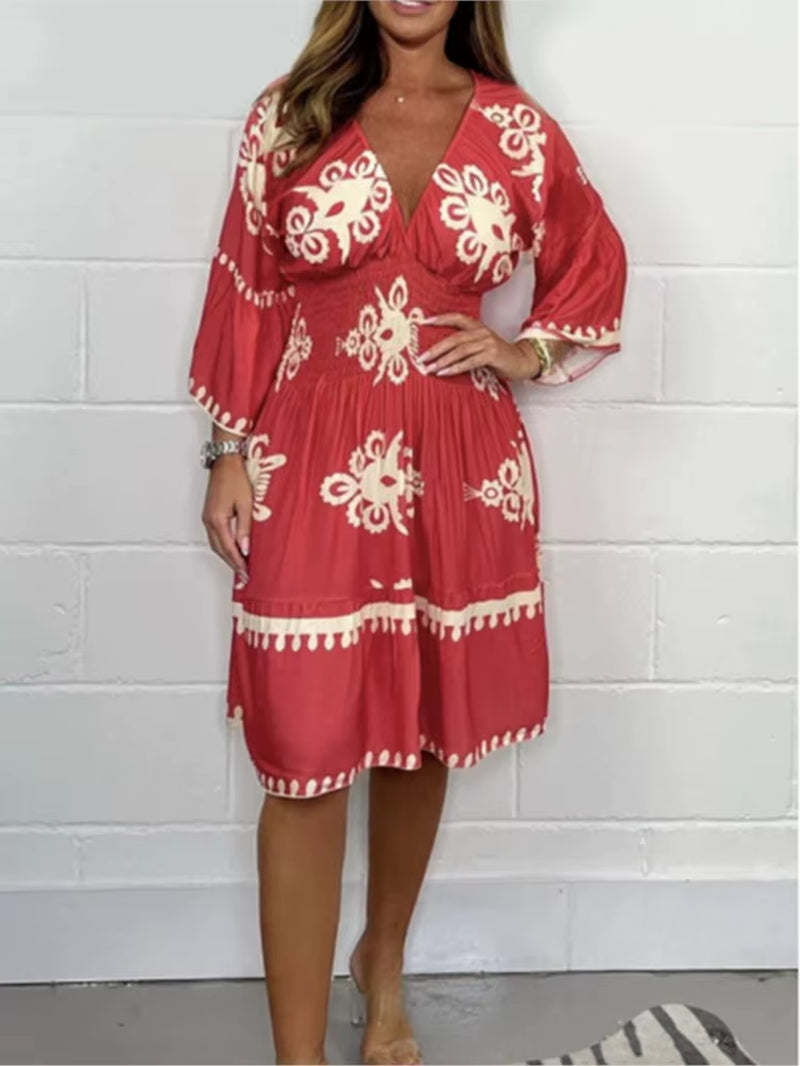 Women Elegant V Neck Printed Waist Tuck Three Quarter Dress