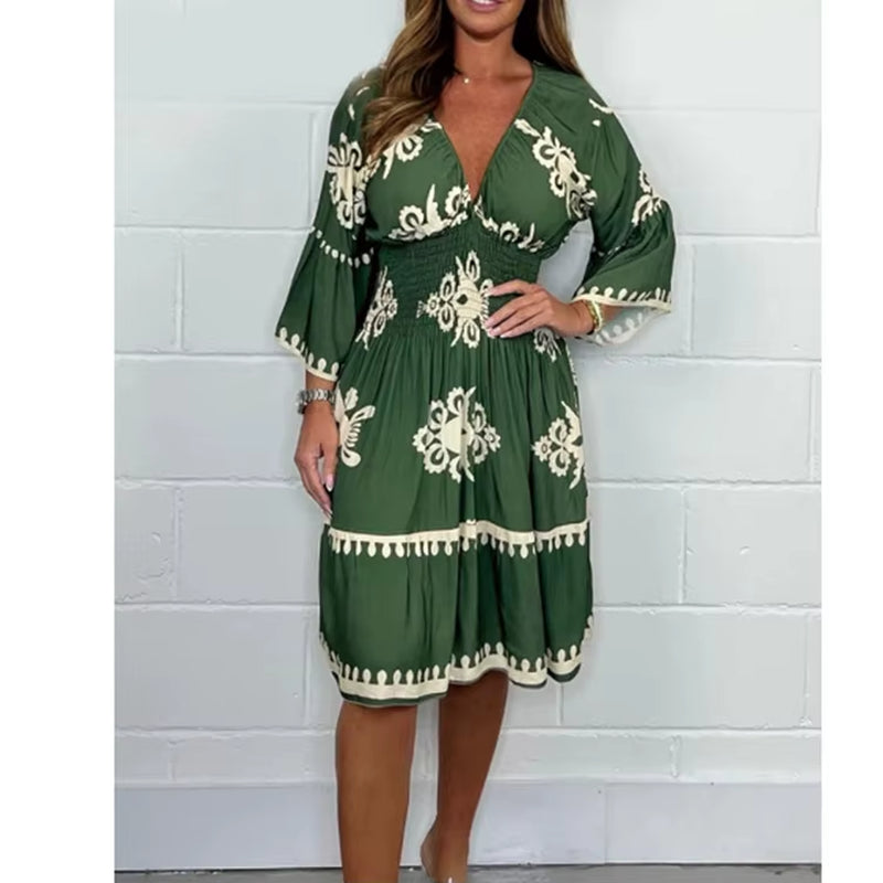 Women Elegant V Neck Printed Waist Tuck Three Quarter Dress