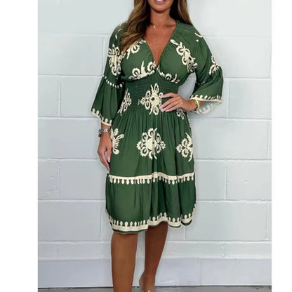 Women Elegant V Neck Printed Waist Tuck Three Quarter Dress