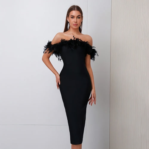 Off-Shoulder Feather Evening Dress for Women Party Wear