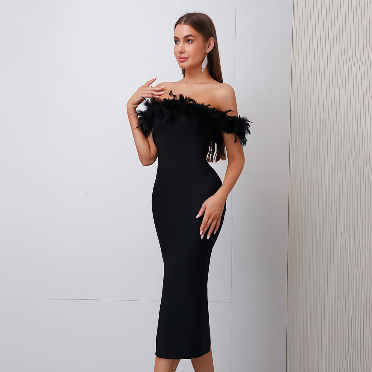 Off-Shoulder Feather Evening Dress for Women Party Wear