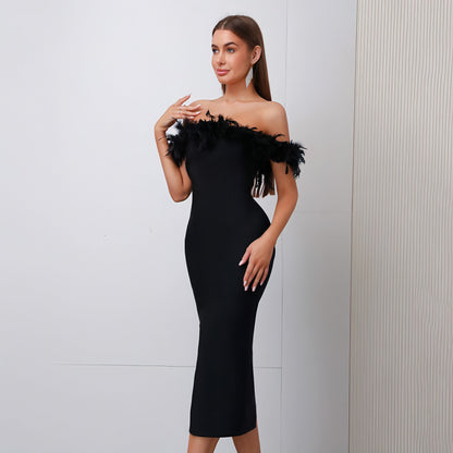 Off-Shoulder Feather Evening Dress for Women Party Wear