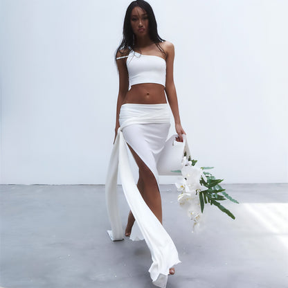 Women's Off Shoulder Crop Top High Slit Skirt Set Sexy
