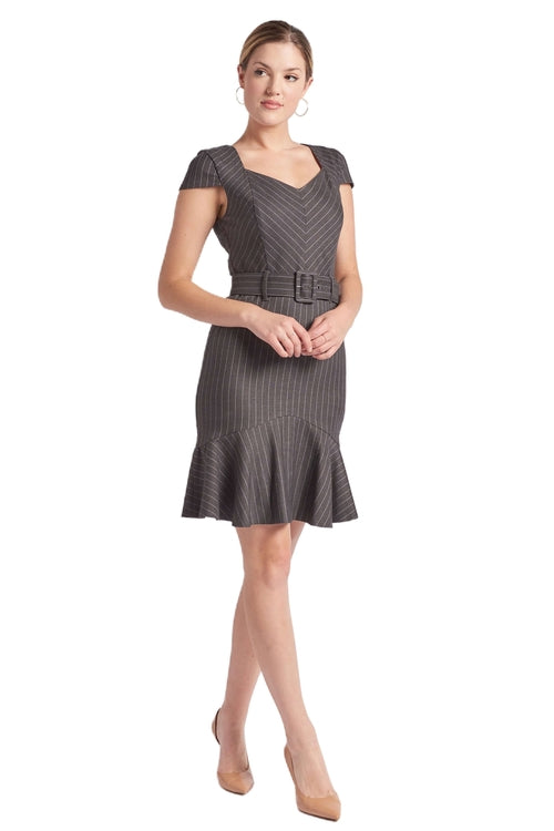 Women's Pinstripe V Neck Work Dress with Ruffle Hem