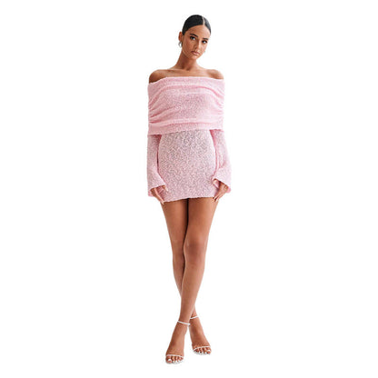 Off-Shoulder Knit Bodycon Dress for Women Long Sleeve Chic