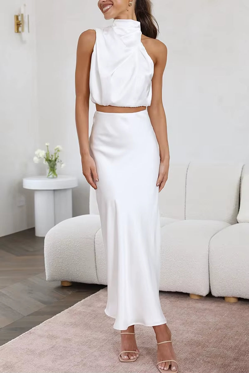 Women Two Piece Sleeveless Top Satin Long Skirt Matching Set