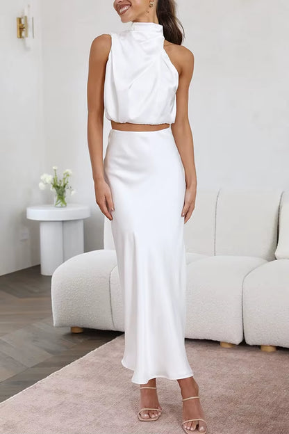 Women Two Piece Sleeveless Top Satin Long Skirt Matching Set