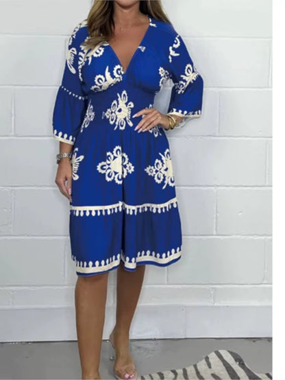 Women Elegant V Neck Printed Waist Tuck Three Quarter Dress