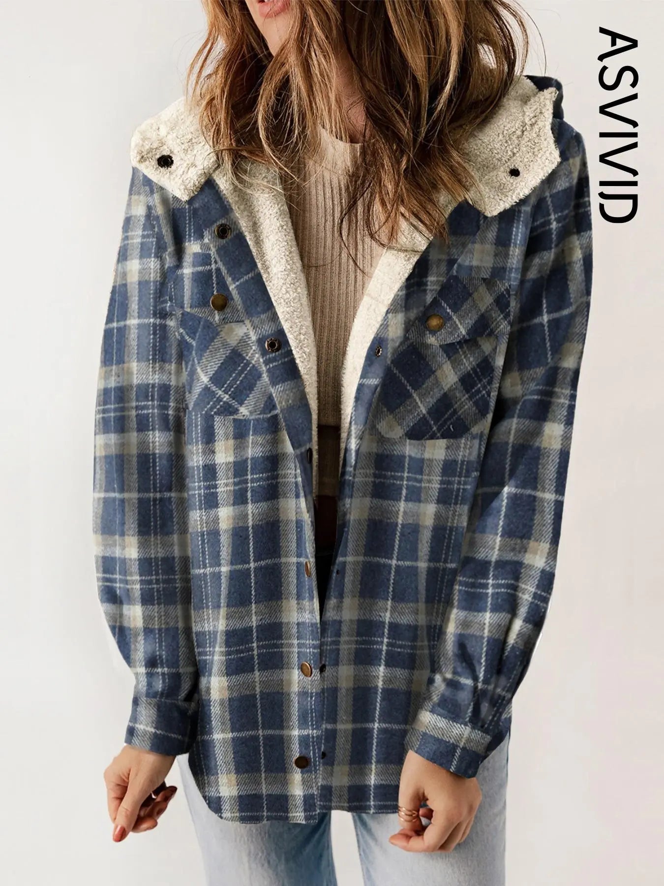 Women Plaid Hooded Casual Outerwear Long Sleeve Jacket Coat
