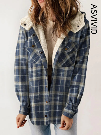 Women Plaid Hooded Casual Outerwear Long Sleeve Jacket Coat