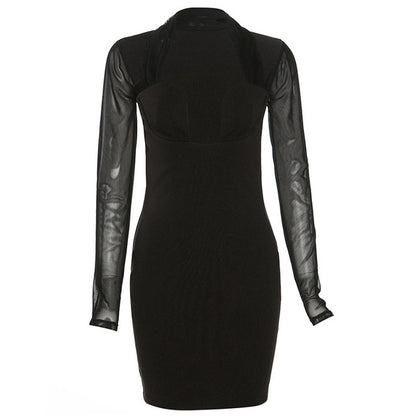 YUZHEXI Black Bodycon Halter Dress with Cold Shoulders