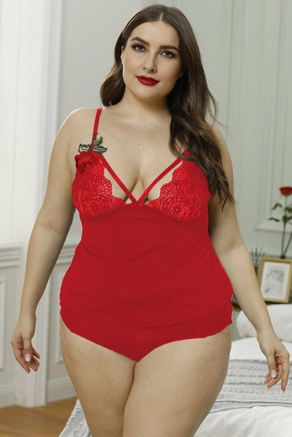 Plus Size Women Floral Embroidered Lace Cami Lingerie Set