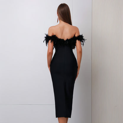 Off-Shoulder Feather Evening Dress for Women Party Wear