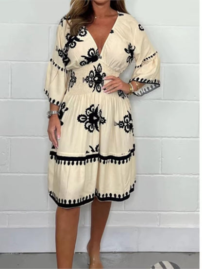 Women Elegant V Neck Printed Waist Tuck Three Quarter Dress