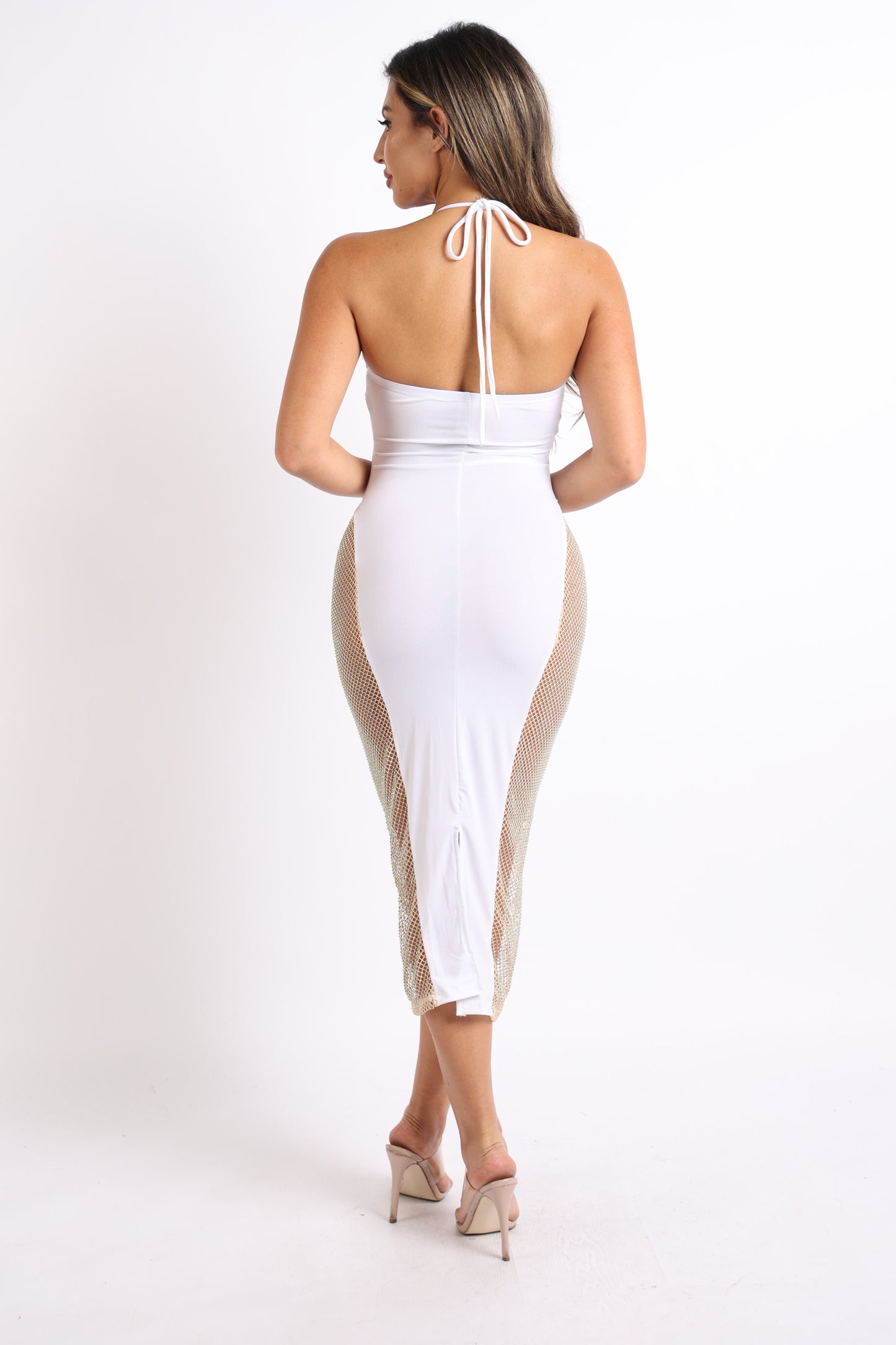 White Rhinestone Fishnet Cut Out Bodycon Party Dress