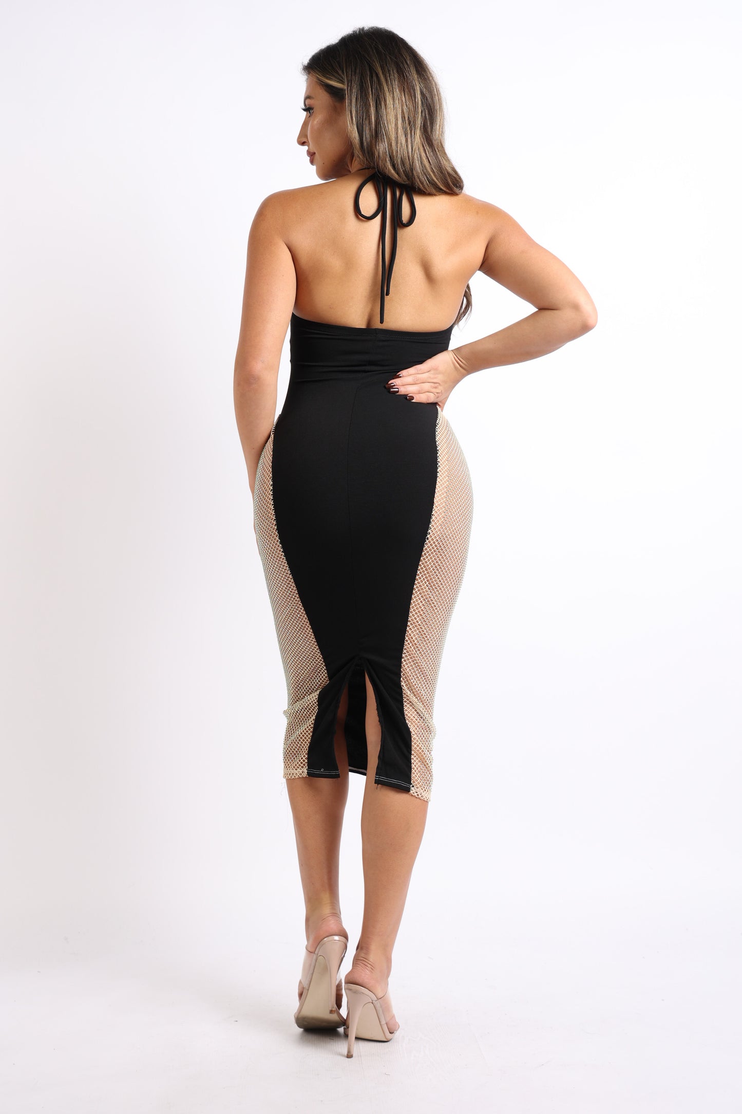 Women's Rhinestone Fishnet Cut Out Party Dress Sexy Glamour