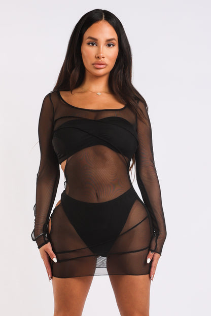 Black Long Sleeve Mesh Cutout Bodycon Dress for Women Chic