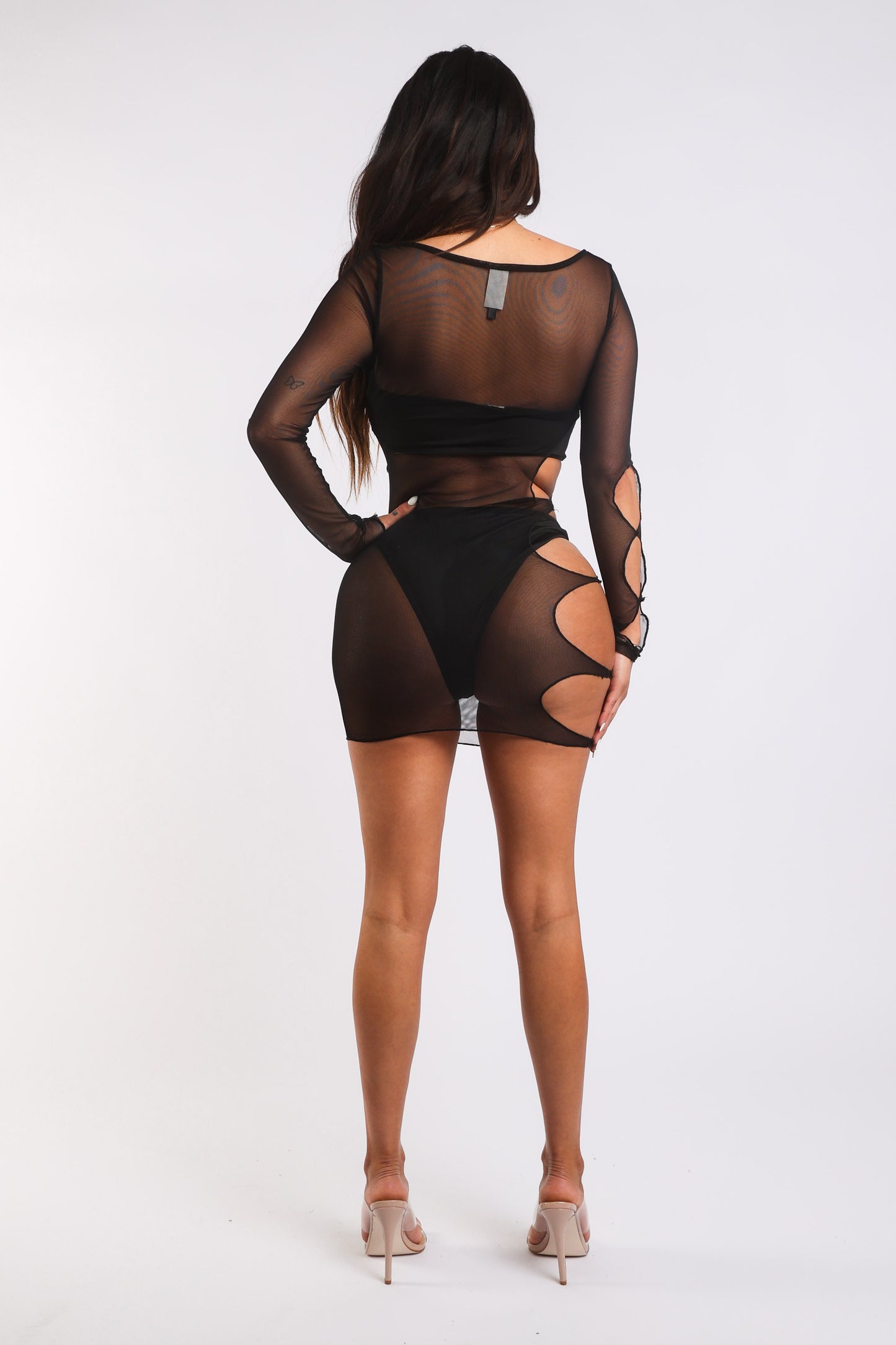 Black Long Sleeve Mesh Cutout Bodycon Dress for Women Chic