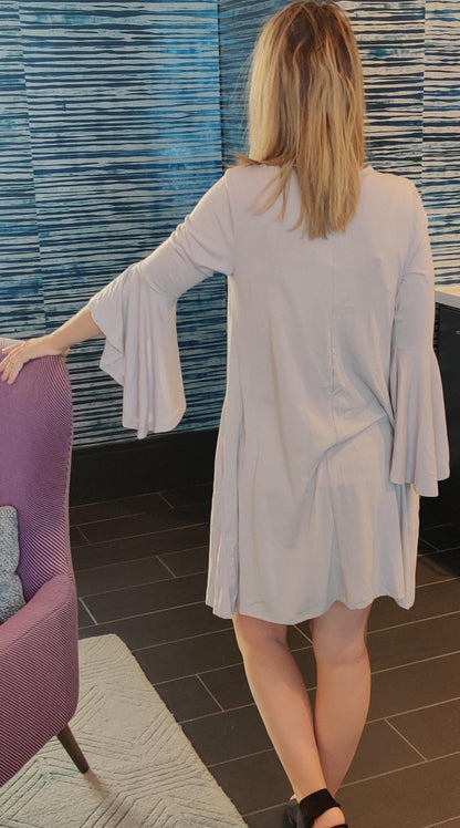 Light Gray Ruffle Sleeve Keyhole Pocket Knit Dress