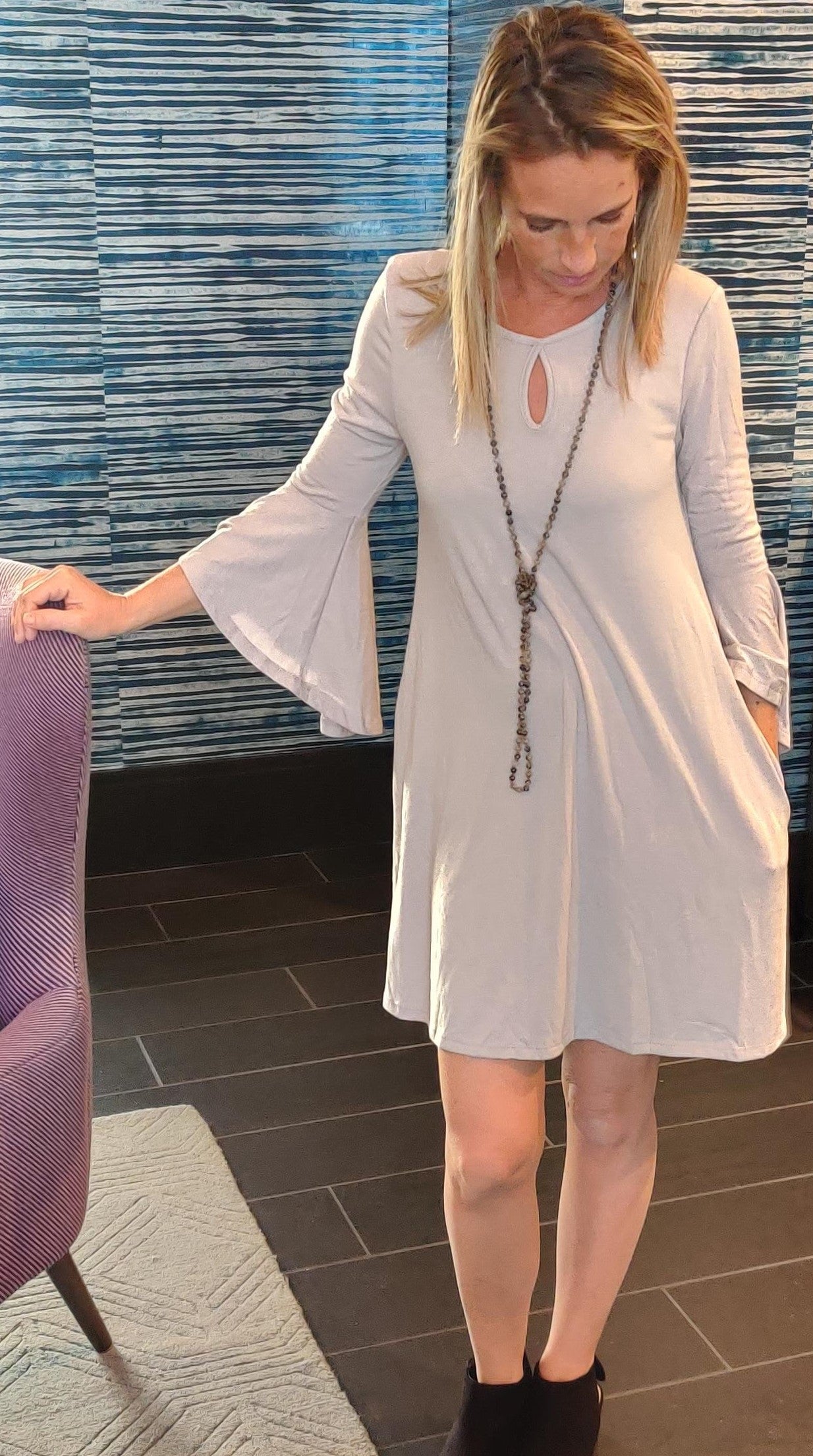 Light Gray Ruffle Sleeve Keyhole Pocket Knit Dress