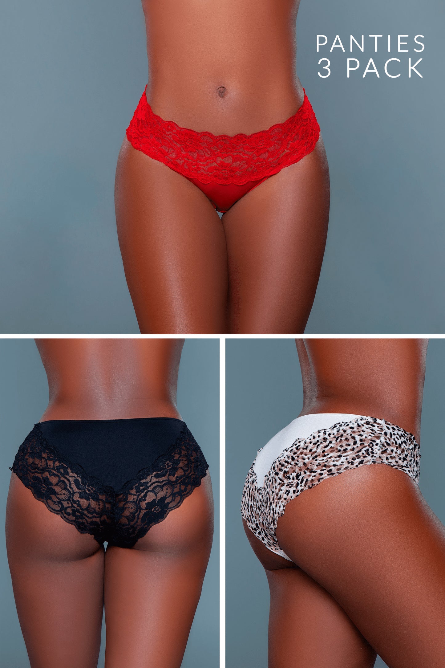 Women Animal Print Lace Bikini Panty 3 Pack Underwear