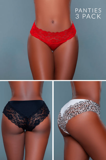 Women Animal Print Lace Bikini Panty 3 Pack Underwear