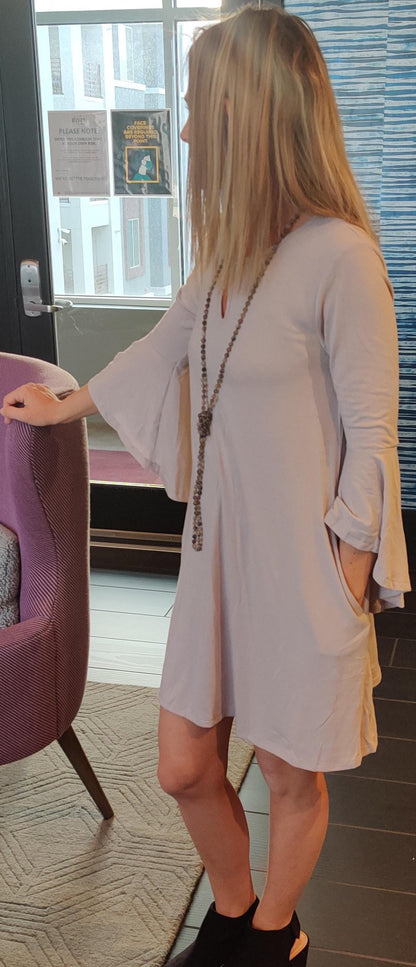 Light Gray Ruffle Sleeve Keyhole Pocket Knit Dress
