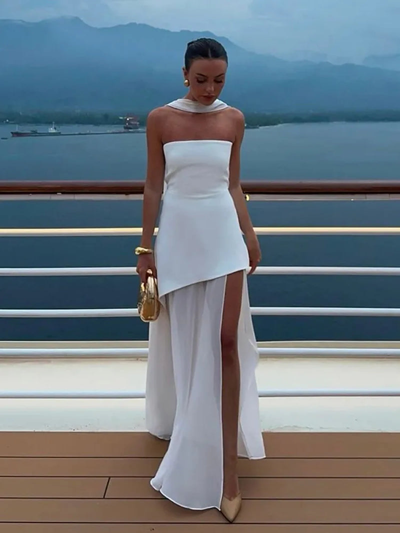 Women Elegant Pleated Backless Sleeveless Formal Maxi Dress