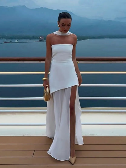 Women Elegant Pleated Backless Sleeveless Formal Maxi Dress