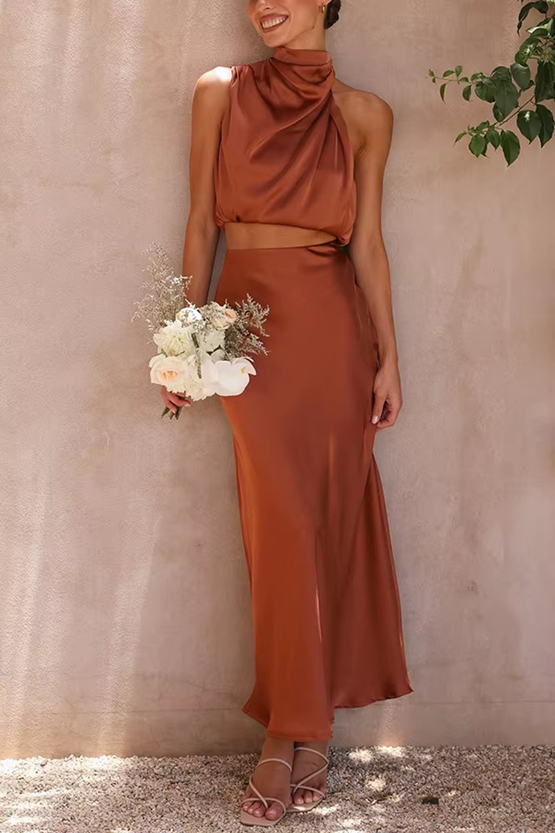 Women Two Piece Sleeveless Top Satin Long Skirt Matching Set