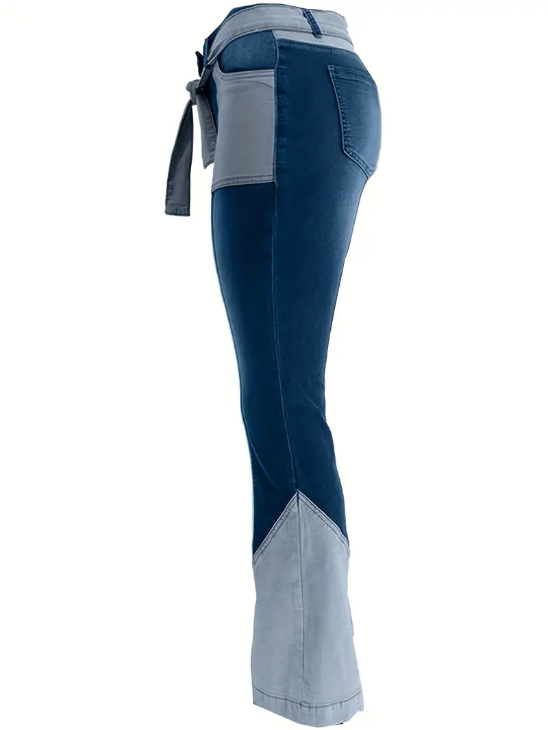 Women's High-Waist Color Block Flared Jeans with Pockets