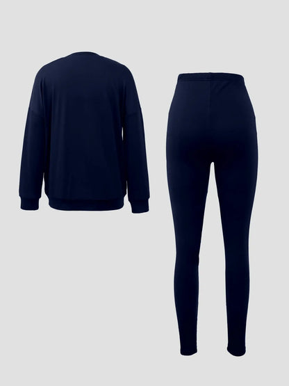 Women Drop Shoulder Sweatshirt Elastic Waist Pants Two Set