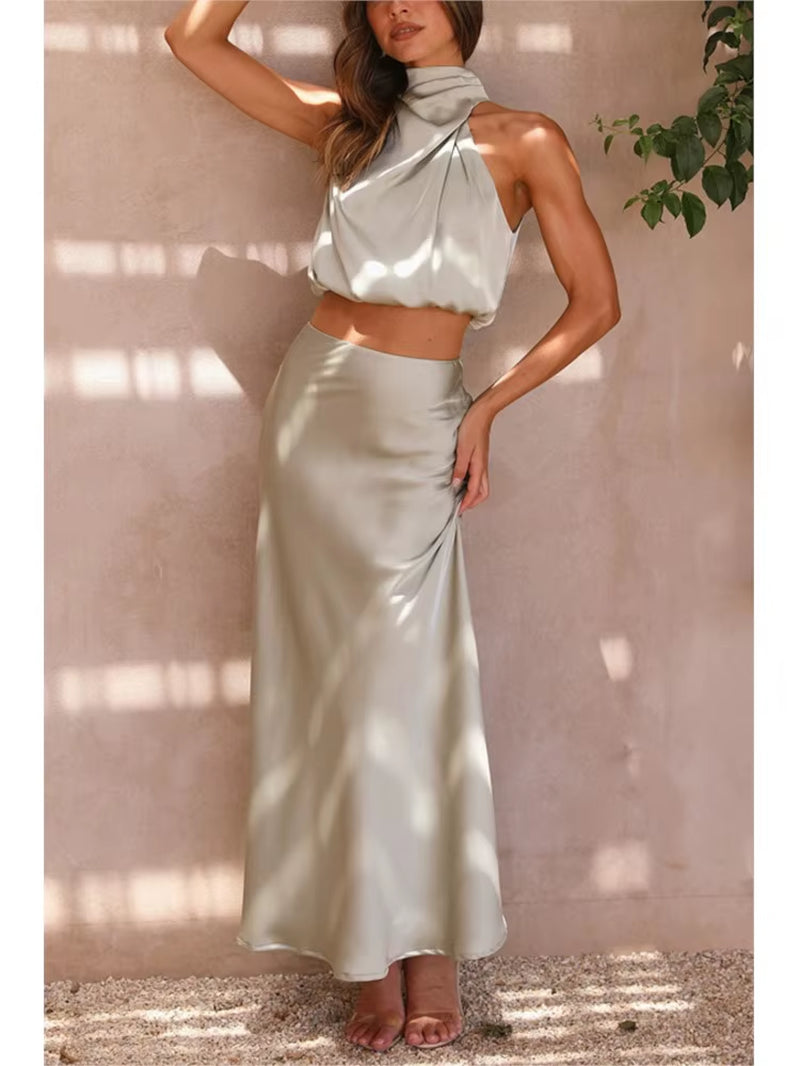 Women Two Piece Sleeveless Top Satin Long Skirt Matching Set