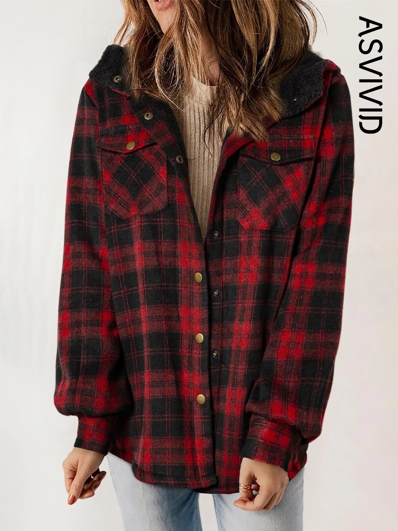 Women Plaid Hooded Casual Outerwear Long Sleeve Jacket Coat