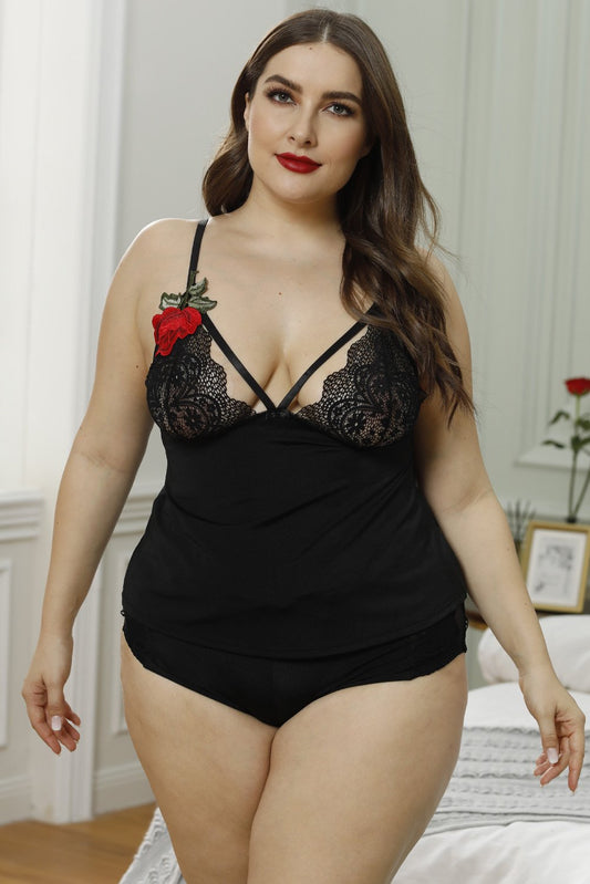 Plus Size Women Floral Embroidered Lace Cami Lingerie Set