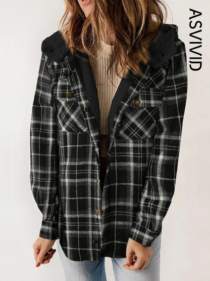 Women Plaid Hooded Casual Outerwear Long Sleeve Jacket Coat
