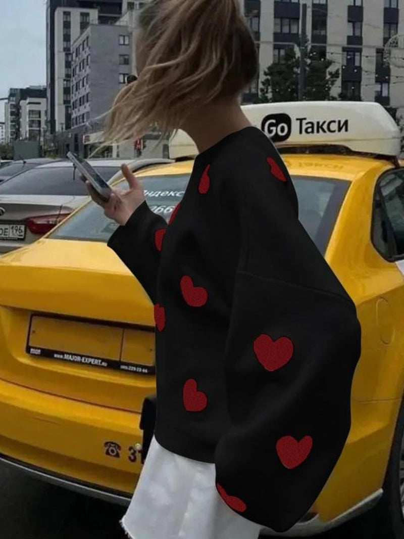 Women Printed Heart Pattern Crewneck Knitted Sweater