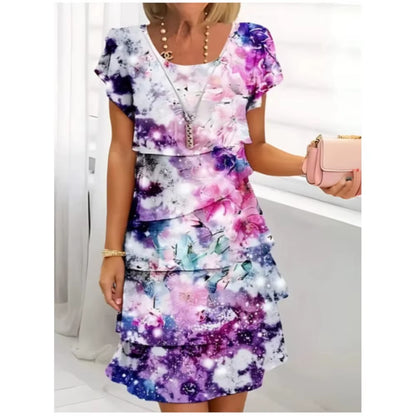 Women Geometric Floral Summer Print Short Sleeve Midi Dress