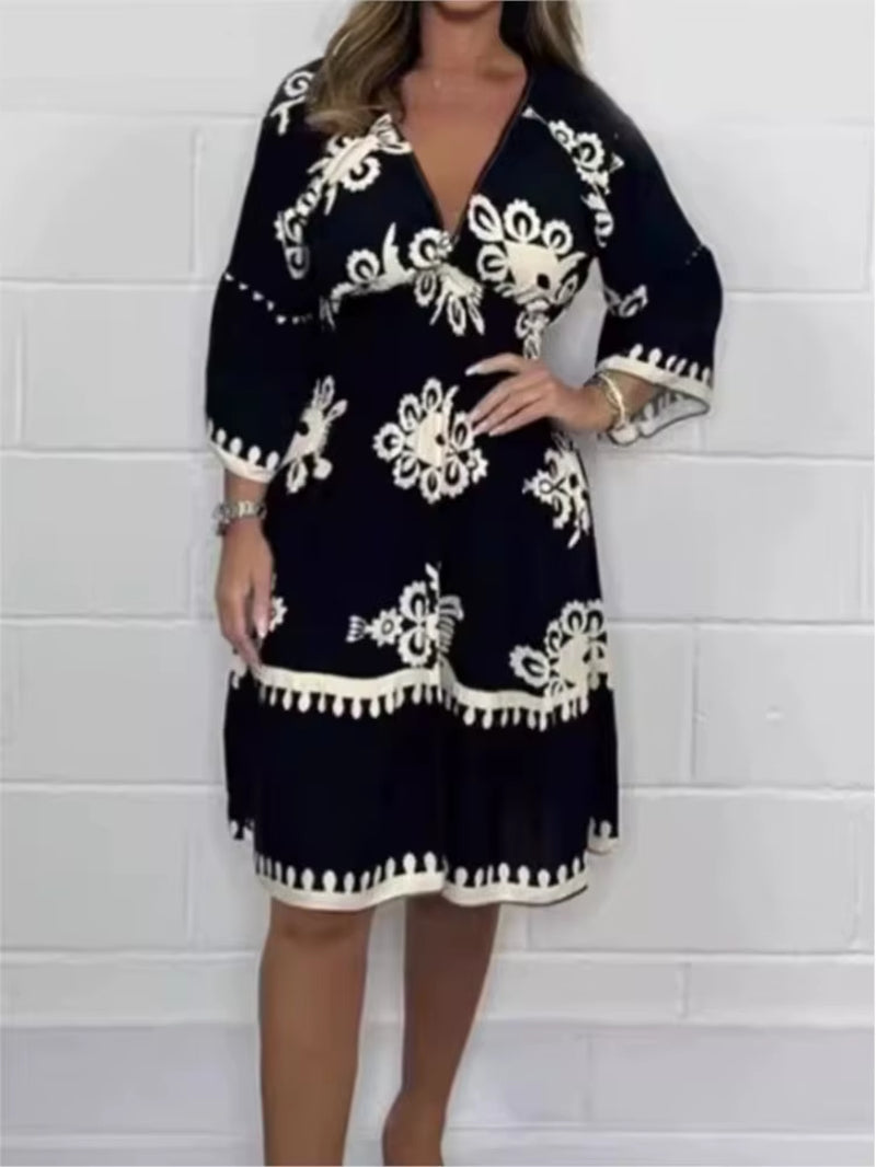Women Elegant V Neck Printed Waist Tuck Three Quarter Dress
