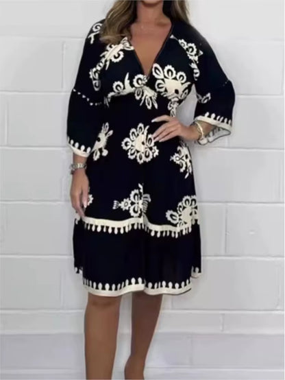 Women Elegant V Neck Printed Waist Tuck Three Quarter Dress